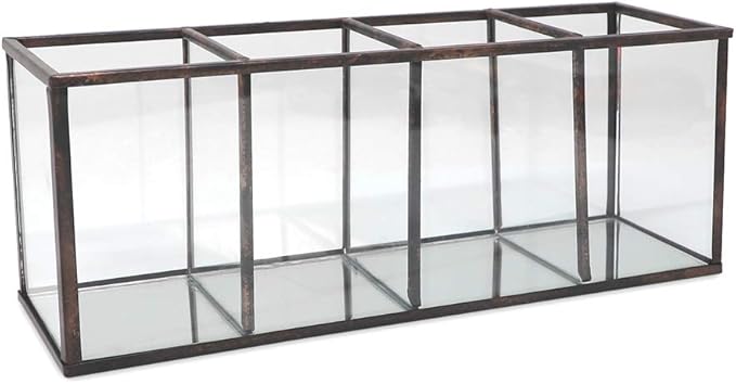 Isaac Jacobs 4-Compartment Organizer- Makeup Brush Holder- Vintage Style Brass and Glass Storage Solution with Mirror Base- Office, Bathroom, Kitchen Supplies and More (Antique Bronze)