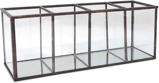 Isaac Jacobs 4-Compartment Organizer- Makeup Brush Holder- Vintage Style Brass and Glass Storage Solution with Mirror Base- Office, Bathroom, Kitchen Supplies and More (Antique Bronze)