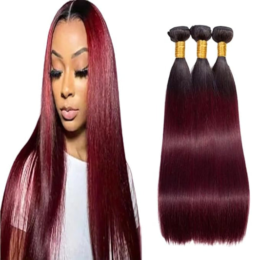 Ombre Bundles 1B99j Straight Human Hair Two Tone Black Mixed With 99j Blonde Straight Bundles Brazilian Human Hair Weave Soft and Silky for Women 18 20 22 Inch