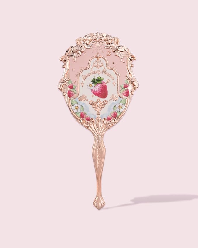 Flower Knows Strawberry Rococo Hand Mirror,Portable Vintage Handheld Mirror,Durable Metal Mirror,Cute & Aesthetic Princess Mirror,with Long Handle for Easy Holding,Gift for Girls(Soft Pink)