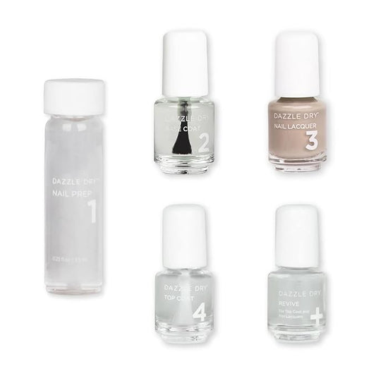 Dazzle Dry Mini Kit 4 Step System - Broadway Beige, a cool and medium greige with purple undertones. Full coverage cream. (5 Piece Kit / 5 Manicures)