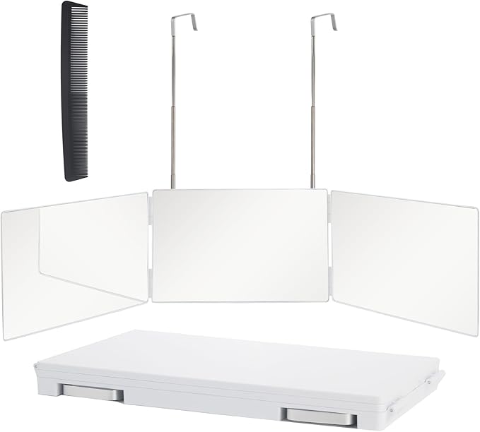 3 Way Trifold Haircut Mirror, 360 Degree Mirror for Hair Cutting, Shaving, Grooming, Hair Styling, Dye Hair Makeup with Adjustable Height Brackets, Portable for Travel, Bedrooms, Bathroom (White) New