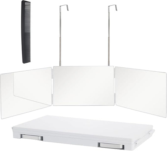 3 Way Trifold Haircut Mirror, 360 Degree Mirror for Hair Cutting, Shaving, Grooming, Hair Styling, Dye Hair Makeup with Adjustable Height Brackets, Portable for Travel, Bedrooms, Bathroom (White) New