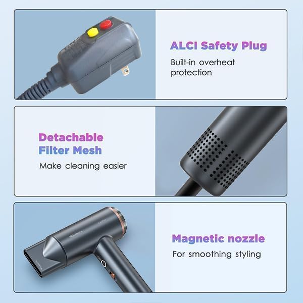 Professional Ionic Hair Dryer 1400W with Diffuser & Concentrator - 4 Speed/Heat Settings, Lightweight Fast Drying for Home Travel, Includes Brush Head & Replacement (120V 1.4kW)