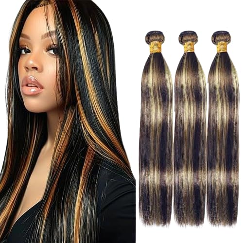 Ombre Human Hair P1B/27 Straight Bundles Two Tone Black to Honey Blonde Highlight Bundles Brazilian Human Hair Weave Soft and Silky for Black Women 24 26 28 Inch