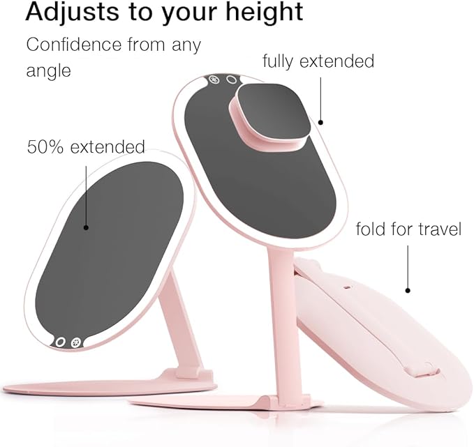 Fancii LED Rechargeable Portable Makeup Mirror with 3 Color Light Settings & 10x Magnetic Magnifying Mirror – Ultra Slim, Foldable Travel Vanity Mirror, 1500 mAh Battery, Height (Pink)