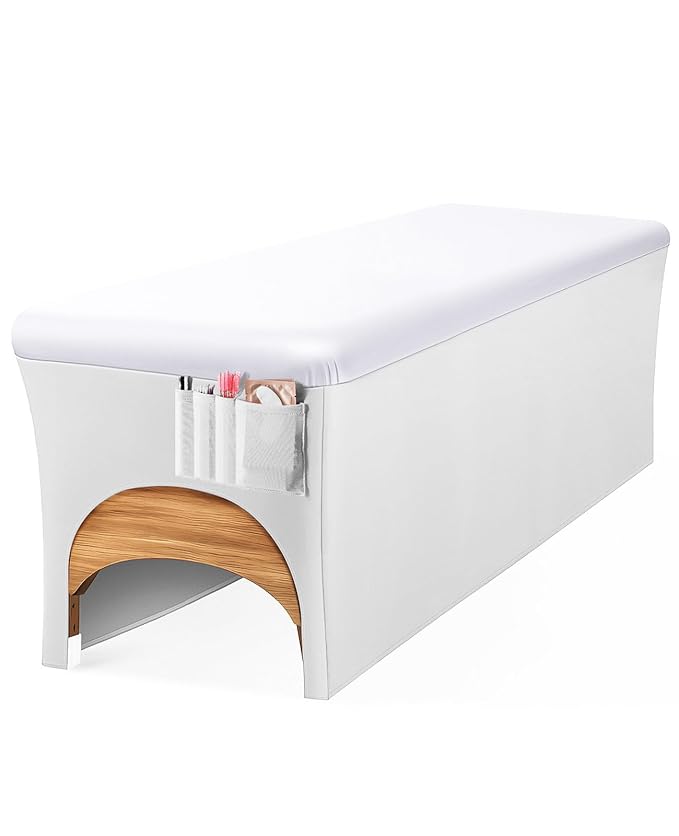 Onism Lash Bed Cover-Wipeable PU Leather Massage Bed Cover, Waterproof Soft and Comfortable Spa Bed Cover with Storage Pocket for Eyelash Extension Bed Massage Bed Perfect for Salon Spa Home Use White