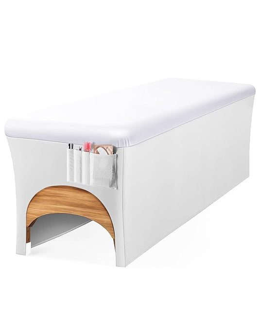 Onism Lash Bed Cover-Wipeable PU Leather Massage Bed Cover, Waterproof Soft and Comfortable Spa Bed Cover with Storage Pocket for Eyelash Extension Bed Massage Bed Perfect for Salon Spa Home Use White