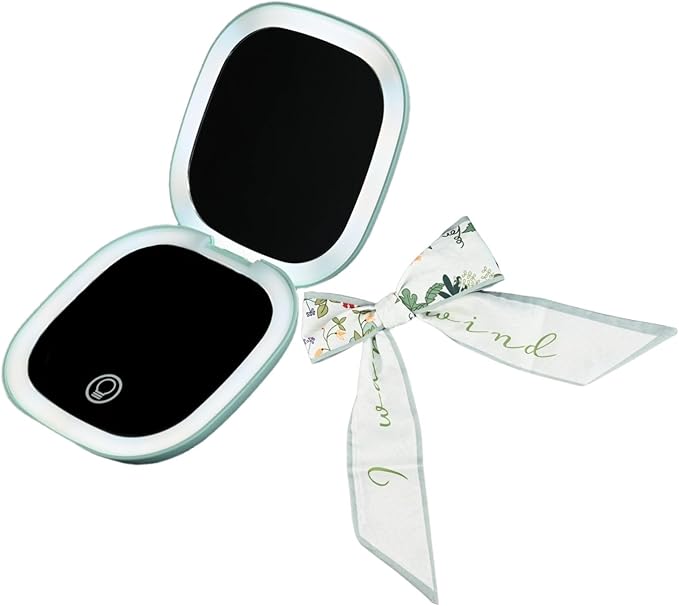 Makeup Mirror with Lights - Dual-Sided Green LED Pocket Mirror, 1X/5X Magnifying Travel Mirror, 3 Light Modes, Rechargeable Handheld Mirror for On-The-Go Makeup, Grooming, and Gifts