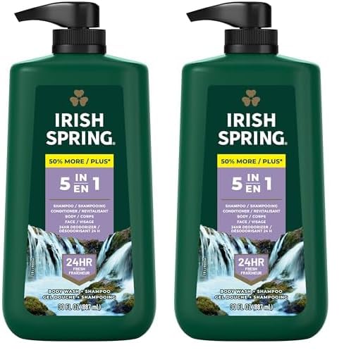 Irish Spring 5 in 1 Body Wash for Men, Men's Body Wash, Smell Fresh and Clean for 24 Hours, Conditions and Cleans Body, Face, and Hair, Made with Biodegradable Ingredients, 30 Oz Pump (Pack of 2)