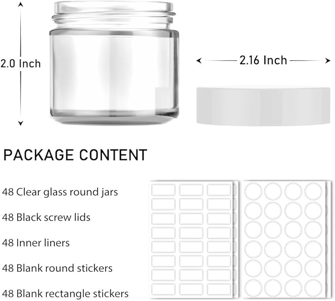 2 oz Glass Jars with Lids, 48 pack Clear Round Small Containers with White Lids, Blank Labels & Inner Liners, Empty Cosmetic Containers for Sample, Powder, Cream, Lotion