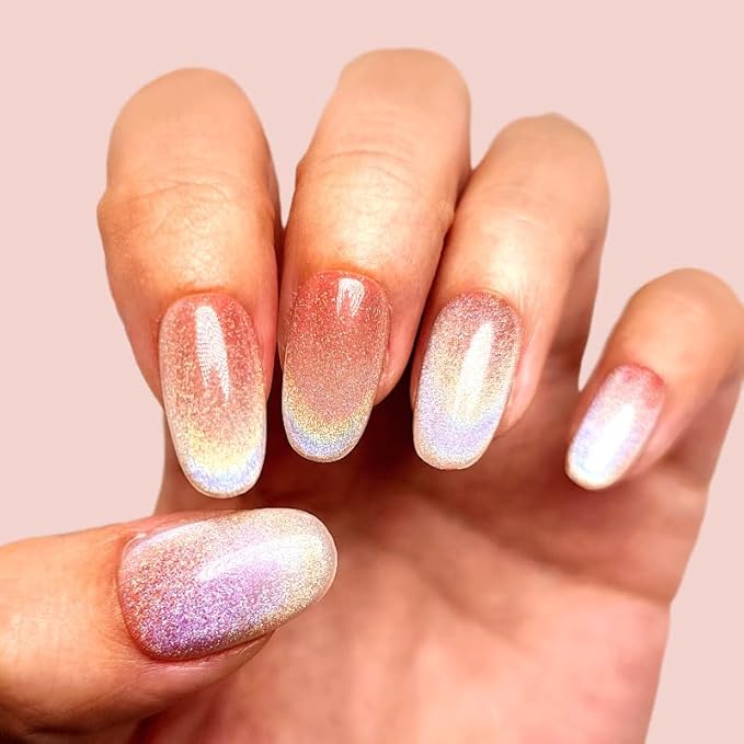 Press on Nails Handmade Nails 3D Press on Nails Short Medium Oval Almond Nails Fake Nails Glitter Cat Eye Nails Gel Nails Durable Reusable False Nails 10 Pcs (Dream Glow, M)