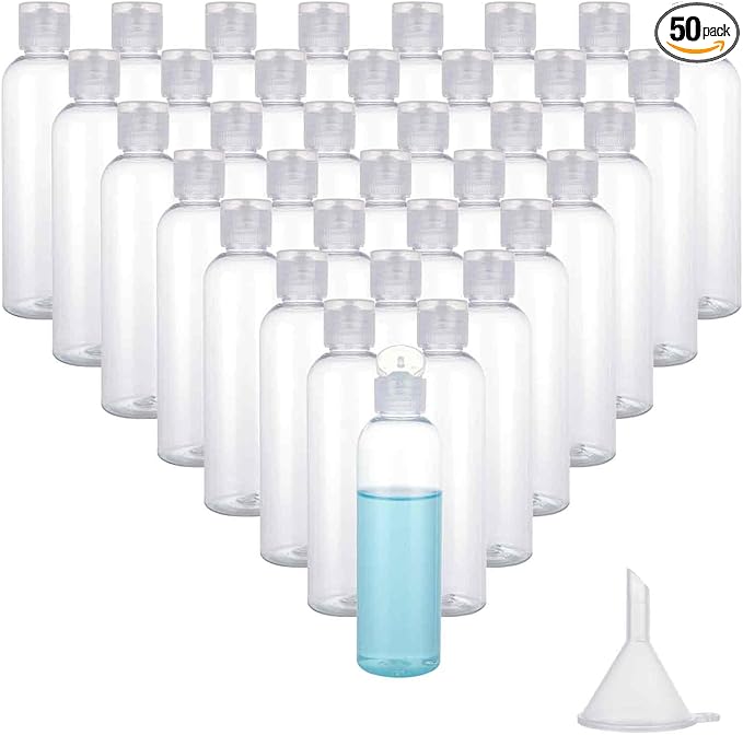 Acrux7 50 Pack 4 oz Plastic Squeeze Bottles With Flip Caps - Clear Refillable Containers for Lotions, Toiletries, Shampoo, Liquid, Creams - Leak Proof Travel Size