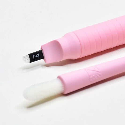 M PACK OF 10 Mellie's Signature Microblading Disposable Pen - Sterilized Blade - Comfortable Rubber Grip With Pigment Sponge (V16 .18mm, Pink)