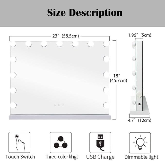 22.8"x 18.1" Vanity Mirror Makeup Mirror with Lights,10X Large Hollywood Lighted Vanity Mirror with 15 Dimmable LED Bulbs,3 Color Modes,Touch Control for Bedroom,Tabletop or Wall-Mounted