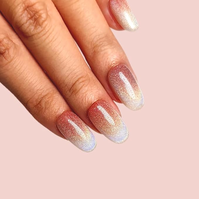 Press on Nails Handmade Nails 3D Press on Nails Short Medium Oval Almond Nails Fake Nails Glitter Cat Eye Nails Gel Nails Durable Reusable False Nails 10 Pcs (Dream Glow, M)