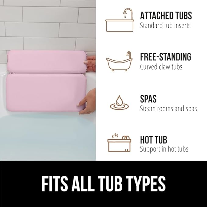 GORILLA GRIP Bath Pillow for Tub, Improved Suction Cups, Luxury Bathtub Pillows, Headrest for Neck and Back Support, Relaxing Home Spa, Hot Tubs and Bathroom Essentials, Gifts for Women, 2 Panel Pink