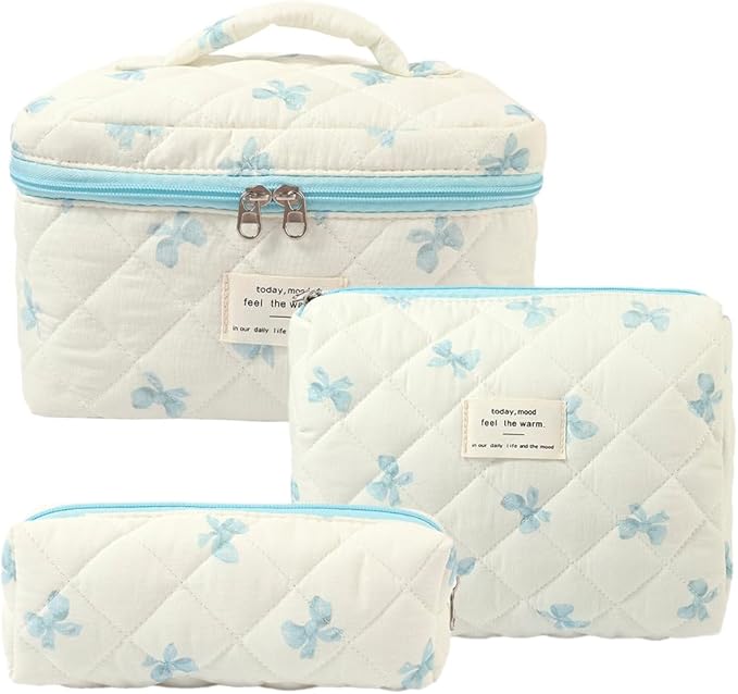 Makeup Bag, 3 PCS Quilted Makeup Bag, Cute Floral Cotton Cosmetic Bag set, Coquette Makeup Pouch Large Travel Toiletry Bag
