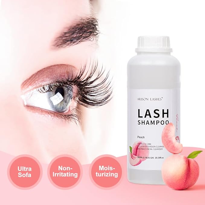 Arison Eyelash Eyelash Extension Shampoo 600ml/ Eyelid Foaming Cleanser/Wash for Extensions and Natural Lashes/Paraben & Sulfate Free Safe Makeup & / Professional & Self Use (Peach)