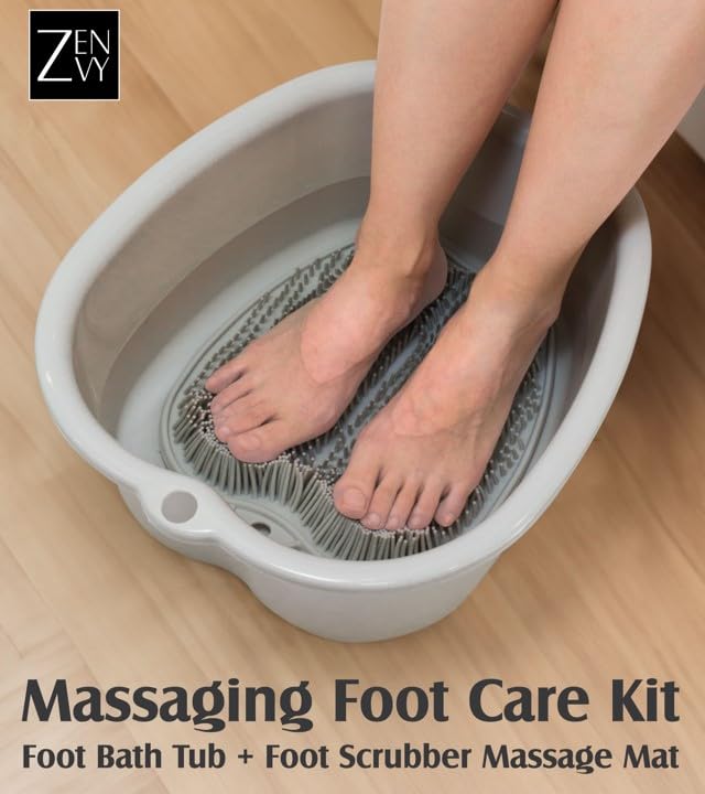 ZENVY Foot Bath Tub and Silicone Foot Scrubber Massage Mat Set for Soothing at-Home Relaxation (Foot Bath & Scrubber Mat)