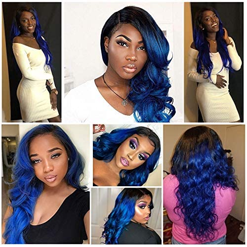SEXAYHAIR Blue Bundles Brazilian Remy Human Hair 1b/blue Body Wave Human Hair, 2 Tone Ombre Hair 3 Bundles Unprocessed Blue Hair for Women (12 14 16 Body 1b/blue)