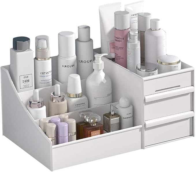 skin care organizer,Makeup Desk Organizer With Drawers,Countertop Organizer for Cosmetics,Vanity brush with Holder for Lipstick, Brushes, Eyeshadow, and Jewelry Desktop Finishing Dresser (White)
