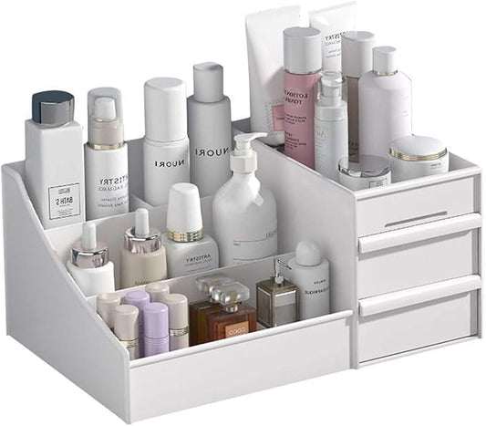 skin care organizer,Makeup Desk Organizer With Drawers,Countertop Organizer for Cosmetics,Vanity brush with Holder for Lipstick, Brushes, Eyeshadow, and Jewelry Desktop Finishing Dresser (White)
