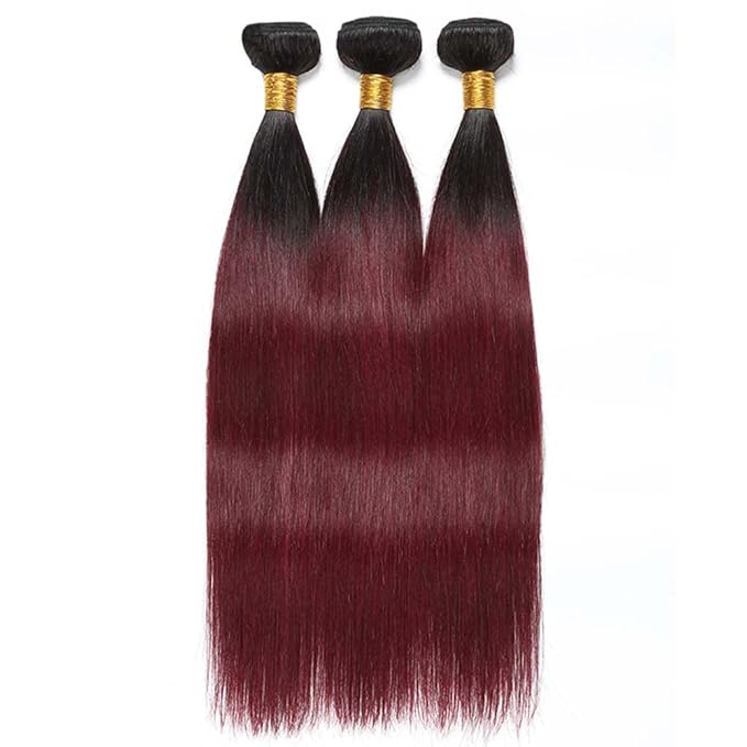 Ombre Human Hair 1B99j Straight Bundles Black Mixed With Burgundy Straight Bundles Two Tone Brazilian Human Hair Extensions Soft and Silky for Black Women 26 28 30 Inch
