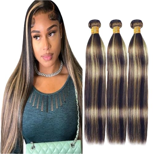 P1B/27 Straight Bundles Highlight Straight Human Hair Bundles Black and Blonde Two Tone Brazilian Human Hair Extensions Soft and Silky for Women 8 10 12 Inch