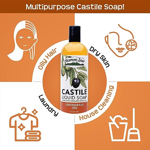 Vermont Castile Lemongrass Zen Soap, Gentle Liquid Soap for Sensitive Skin & Natural Body Wash, Organic Hair Shampoo for Oily Hair, Aloe Castile Soap for Men & Women - 16 Oz