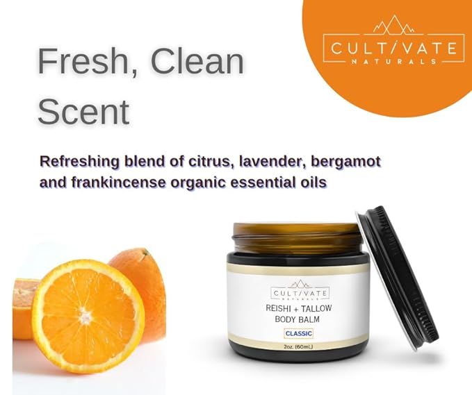 Reishi Tallow Body Balm - Classic Citrus (2 oz) | Grass Fed Beef Tallow - Non-toxic, Paleo Friendly Skincare | Infused with Reishi Spore Extract | Moisturizing & Hydrating for All Skin Types