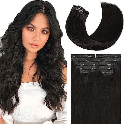 Loxxy Seamless Clip in Hair Extensions Real Human Hair Natural Black Extensions Hair Clip in Skin Weft 7Pcs 110G Invisible Seamless Extensions Clip in Human Hair For Women 20Inch #1B