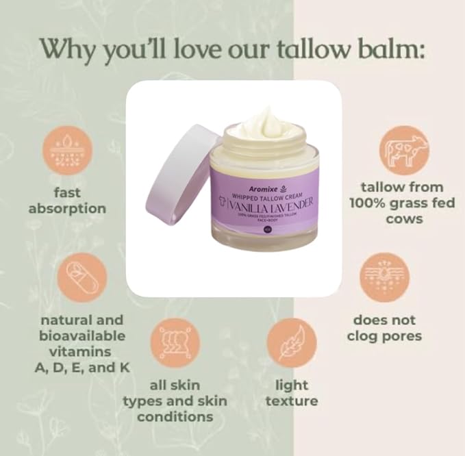 Halal Whipped Tallow Moisturizer for Face and Body - 100% Natural, Grass-Fed, and Sensitive Skin Friendly - 4oz (4 oz, Vanilla Lavender)
