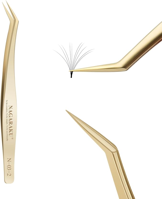 NAGARAKU Tweezers for Eyelash Extensions Gold Curved Angled Long tip Volume Cluster Super Light Weight Easy Fanning Tweezers Stainless Steel Precision (N-03-2)
