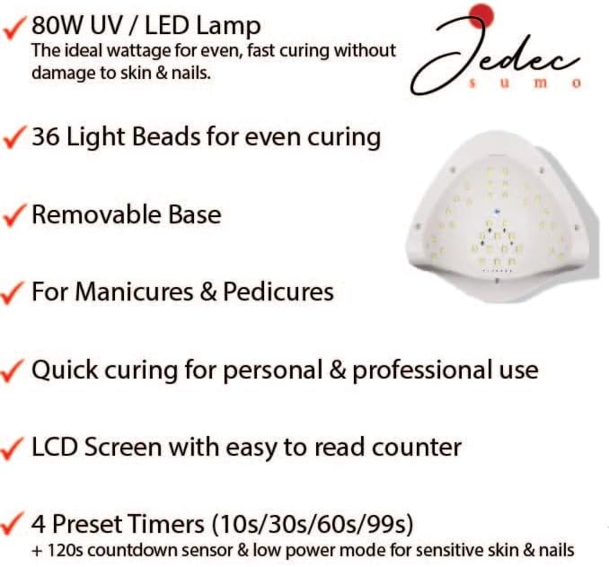 80W LED UV Lamp for Gel Nails. UV Nail Light. 4 Settings (Including Low Heat Mode). Easy to use. Compatible with All Gel Nail Polish,Wraps, Gel Polish Strips.
