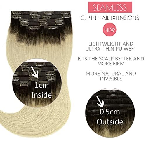 Loxxy Seamless Extensions Clip in Human Hair Double Ultra Thin PU Weft Remy Hair Extensions Clip in Human Hair Ombre Rooted Darkest Brown To Platinum Blonde Full Head 18Inch 110gram 7pcs R#2-60A