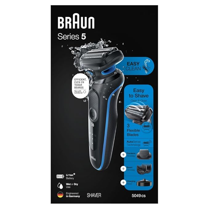 Braun Series 5 5049cs Electric Shaver with Charging Stand, Beard Trimmer, Face Shaver, Wet & Dry, Rechargeable, Cordless Foil Shaver, Blue