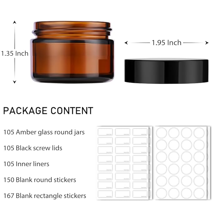 1 oz Amber Glass Jars with Lids, 105 pack Clear Small Jars with Black Lids, White Labels and Inner Liners, Empty Round Cosmetic Containers for Cream, Lotion (Amber 105 Pack)