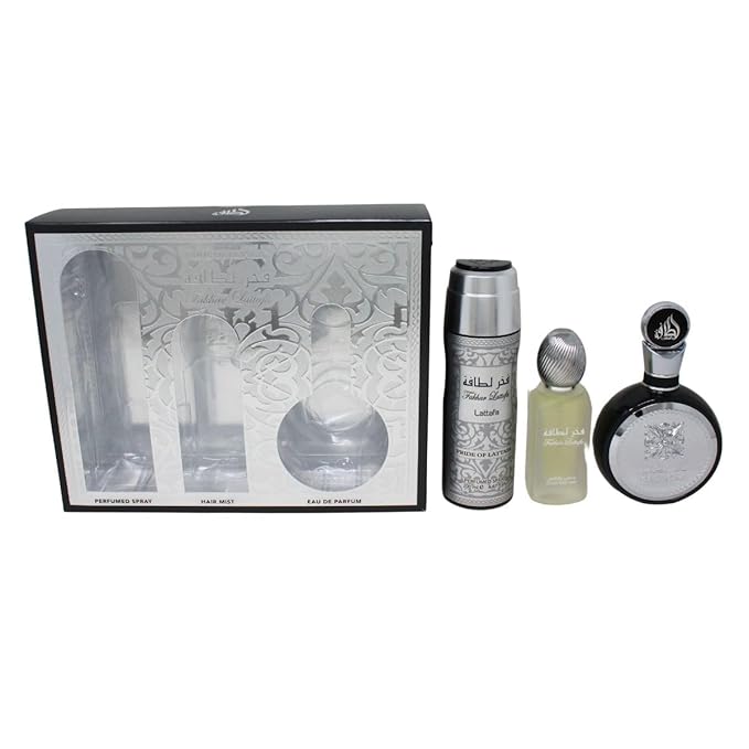 Lattafa Fakhar for Men 3 Piece Set (3.4 Oz Eau de Parfum Spray + 1.7 Oz Hair Mist + 6.7 Oz Deodorant Spray)