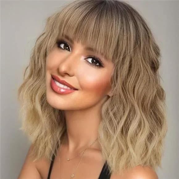 AISI HAIR Synthetic Wavy Curly Bob Wig with Bangs Ombre Blonde Mixed Short Hair for Women Synthetic Heat Resistant Bob Wigs