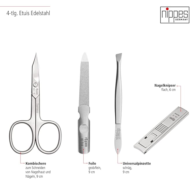 nippes Solingen Premium Line Tabard Manicure Set, 4 Pieces, Black, Stainless Steel, Nickel and Rustproof, Cowhide Nail Case, Nail Care Set, Made in Germany