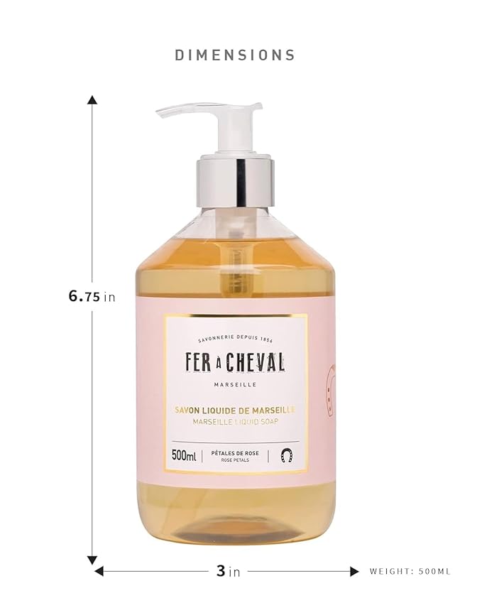 Fer à Cheval Marseille Liquid Soap, French Savon Liquide De Marseille, Luxury Rose Scented Liquid Marseille Soap, Rose Petals, 500ml/16.9fl oz