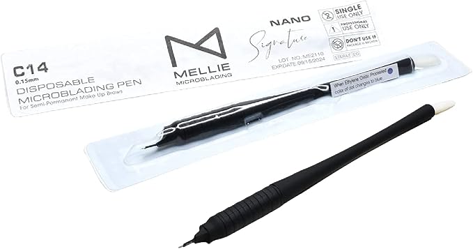 M PACK OF 10 Mellie's Signature Microblading Disposable Pen - Sterilized Blade - Comfortable Rubber Grip With Pigment Sponge (C14 NANO .15mm, Black)