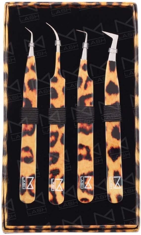 M LASH Tweezers for Eyelash Extensions (Set of 4) - Professional Lash Extension Tweezers - Fiber Tip, Japanese Steel, Diamond Grip Eyelash Extension Tweezer (Leopard Prints)