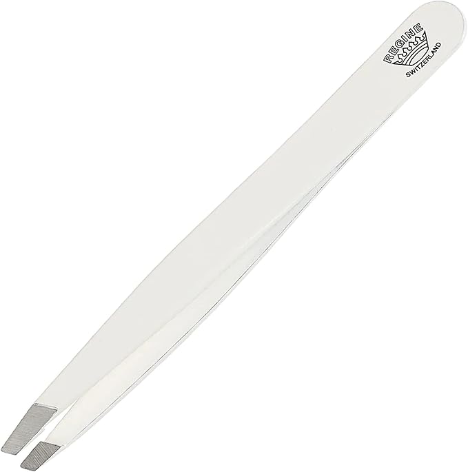 Slant Tweezer - Handmade in Switzerland - Professional Eyebrow & Facial Hair Remover - Etched Interior Grabs Hair from The Root - Perfectly Aligned Tips - Stainless Steel, White