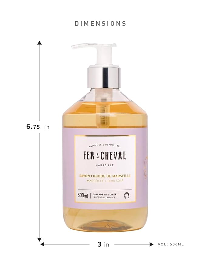 Fer à Cheval Energizing Lavender Marseille Liquid Soap Duo | Argan & Coconut Oil Enriched, Luxurious Lather, Ultra-Hydrating, SLS-Free, Natural Ingredients - Set of 2, 500ml/16.9 f oz