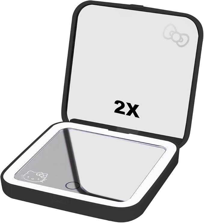 Impressions Vanity Hello Kitty Supercute Compact Mirror with Touch Sensor Switch for Adjustable Brightness, Lighted Makeup Mirror with LED Lights and 2X Magnifying Mirror Top (Black)
