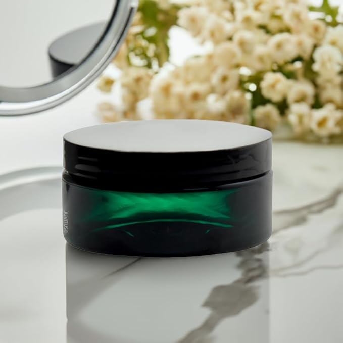 JUVITUS (12 Pack) 8 oz Green PET Plastic Low Profile Jar with Black Smooth Lid