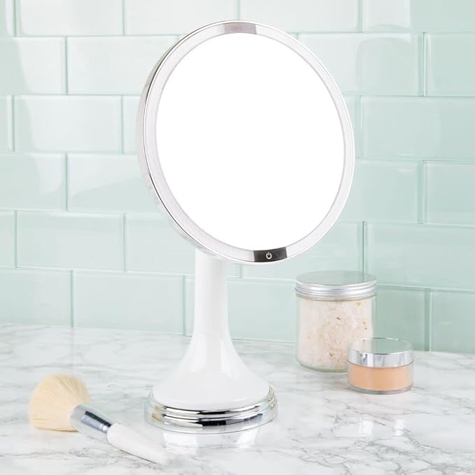 mDesign Modern Motion Sensor LED Lighted Makeup Bathroom Vanity Mirror, Large 8" Round, 3X Magnification, Hands-Free, Rechargeable and Cordless - White/Chrome