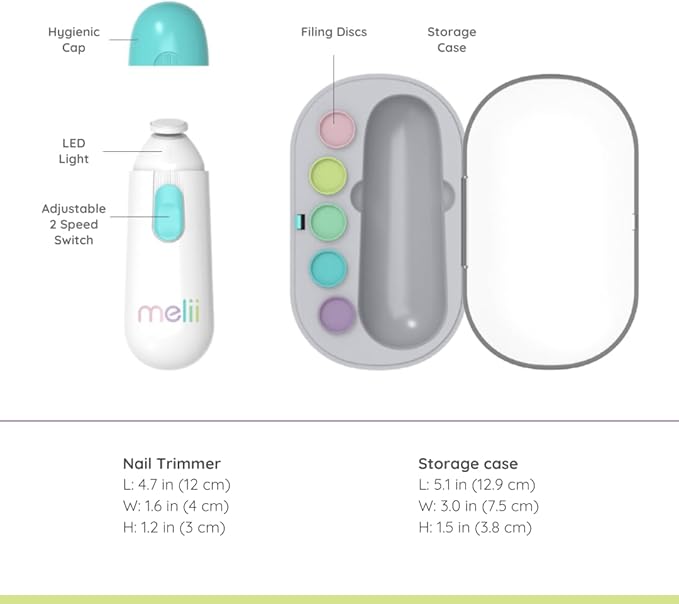 melii Electric Nail File, Safe Trimmer & Clipper for Newborn Babies, Toddlers, Kids & Adults-Comes with Two Speeds and 5 Different Discs